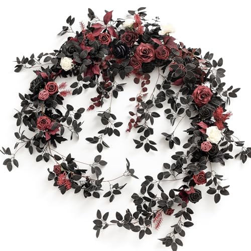 Ling's moment 9FT Eucalyptus & Willow Leaf Garland with White Flower, Handcrafted Wedding Sweetheart Table Centerpieces Head Table Decor Arch Backdrop Decorations for Wedding | Black & Burgundy - color: Red-moody Burgundy & Black