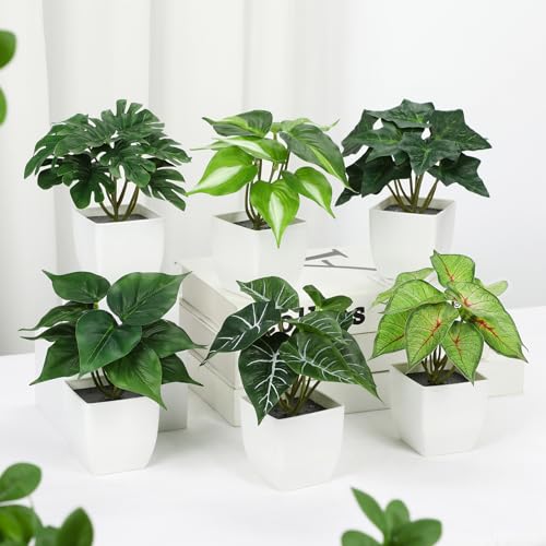 Briful 6PCS Fake Plants Potted Artificial Plants, Mini Faux Plants in White Pots Greenery Décor for Home Office Table Shelf Bathroom Farmhouse Indoor Decoration - color: Type#3