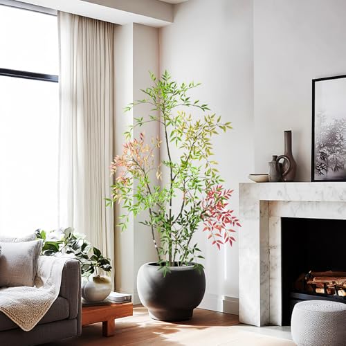 6ft Faux Bamboo Tree Artificial Nandina Tree Artificial Indoor Plants Realistic Fake Potted Tree with 800+ Leaves, Cement Planter - Home Office Decor Perfect for Housewarming Gift Non-Toxic - color: Mixcolor, size: 6ft