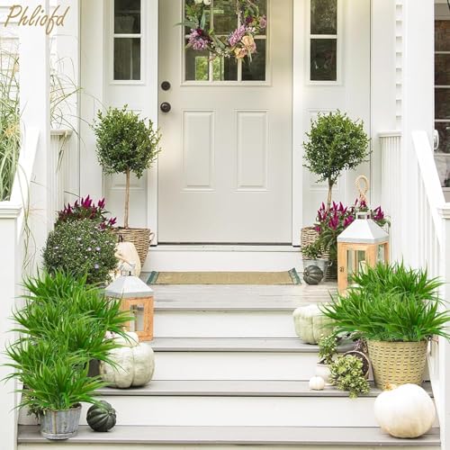 32 Pcs Artificial Grass Fake Plants 17.3in Outdoor Plants UV Resistant Faux Greenery Stems Fake Grass for Home Window Garden Office Patio Pathway Front Porch Halloween Décor Green - color: Green, size: 32 Pcs