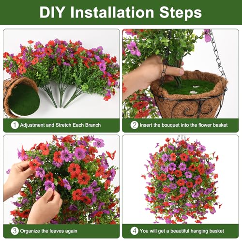 INQCMY Artificial Hanging Flowers with Basket for Spring Outdoor Decoration 3 Bunches of Silk Daisy Flower Uv Resistant for Garden Porch Patio Balcony Yard Decor (Red Purple) - color: Red Purple