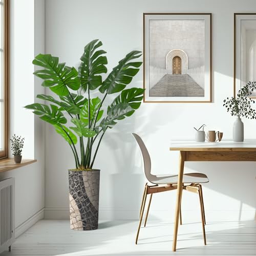 Artificial Tree in Geometric Pattern Planter, Fake Monstera Silk Tree for Indoor and Outdoor Home Decoration - 65" Overall Tall (Plant Pot Plus Tree) - style: Monstera Plant