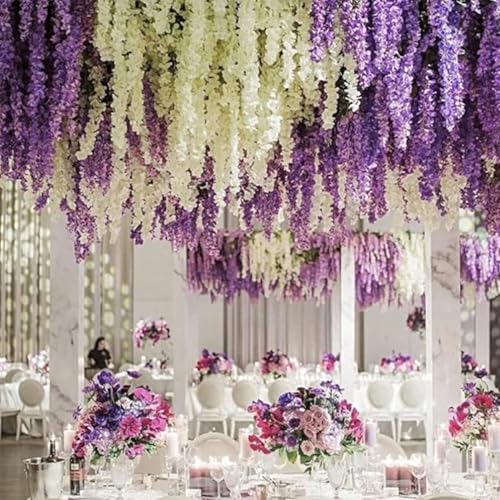 HUAHUA Artificial Wisteria Flowers, White Dense Artificial Fake Wisteria Vine Ratta Hanging Garland Silk Flowers String for Home Party Wedding Decor (24pcs Purple) - color: 24pcs Purple