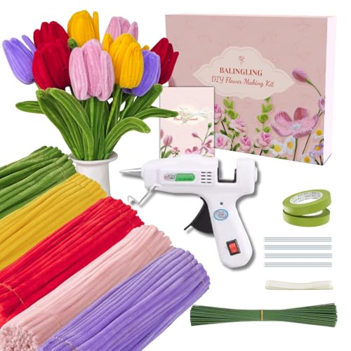 balinging 400pcs Pipe Cleaners Craft for Flowers with Glue Gun,Chenille Stems for DIY Flower Making Kit,Pipe Cleaners Projects Creative for DIY Art and Craft,Ideal for Holiday Decoration(Tulip) - color: Tulip