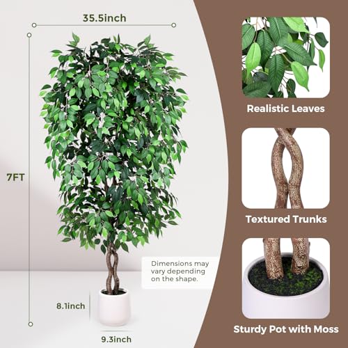 Jocoevol 7FT Artificial Ficus Tree, Tall Faux Trees Indoor with White Planter, Dried Moss, Natural Silk Leaves & Trunk, Fake Plants for Home Living Room Office Corner Decor Housewarming Gift - color: Green, size: 7ft
