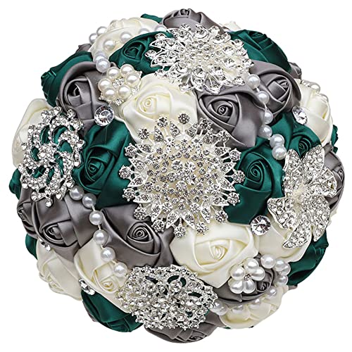 Sharebeauty 7.9 Inch Handmade Satin Rose Bridal Bouquet Toss Round Wedding Bouquet Throw Toss Artificial Flower Bunch Deep Green + Dark Grey + Ivory - color: W3217d06 Deep Green/Dark Grey/Ivory