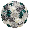 Sharebeauty 7.9 Inch Handmade Satin Rose Bridal Bouquet Toss Round Wedding Bouquet Throw Toss Artificial Flower Bunch Deep Green + Dark Grey + Ivory - color: W3217d06 Deep Green/Dark Grey/Ivory