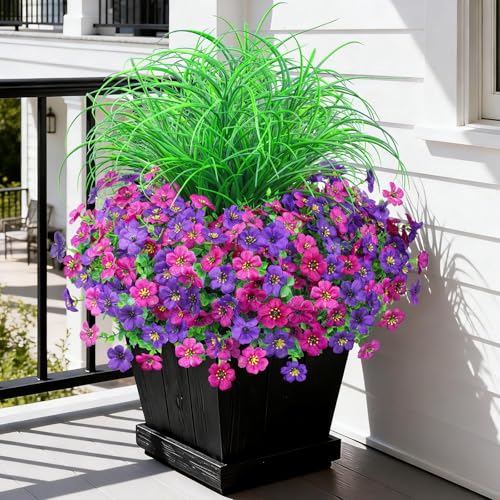 Artificial Flowers for Outdoors UV Resistant, 14 Bundles Fake Plants Realistic Silk Flowers with Faux Ferns for Outside Planters Home Porch Patio Garden Back Yard Spring Summer Decoration - color: Double Purple