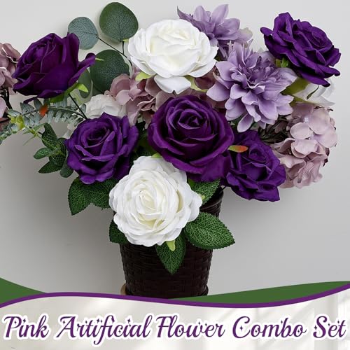 Artificial Flowers Combo Set, Fake Silk Floral Decor with Stems for DIY Roses Wedding Party Centerpieces Bridal Bouquets Cake Decorations Arrangements Indoor Outdoor Halloween(Purple) - color: Purple