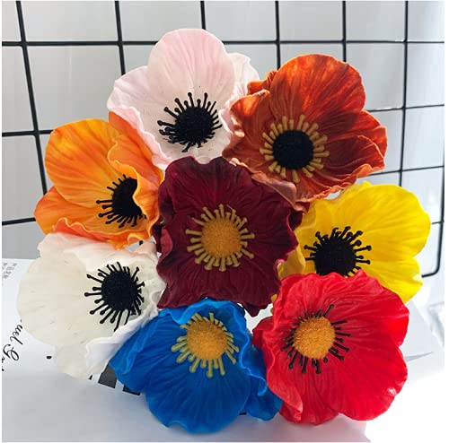 10 Stem Bouquets Artificial Flowers Red Poppy Flowers,11" No Fade Anemone PU Real Touch Fake Wild Flower for Kitchen Table Centerpiece Vase,Home Greenery Wedding Holding Flowers Backdrop Arch Wall - color: Red