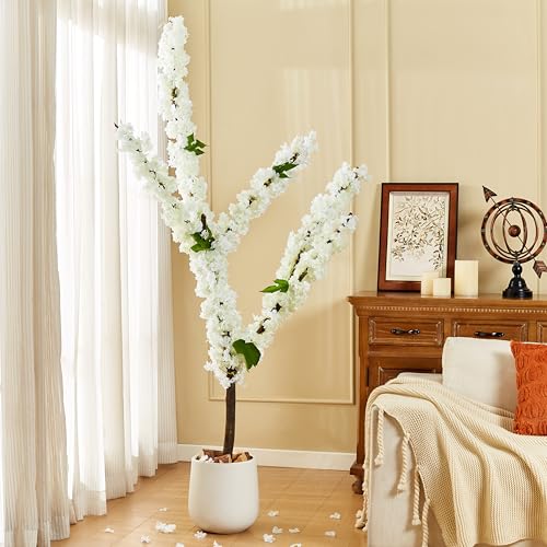 6Pcs 35.4FT White Cherry Blossom Garland 6pcs Silk Pink Flowers Garland Artificial Cherry Blossom Vines Hanging for Wedding Party Sakura Cute Spring Summer Decor - color: White, size: 6 PC