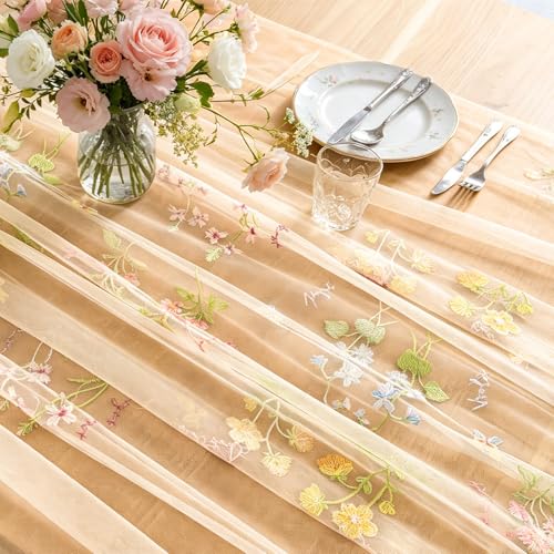 BINBE 3pcs Champagne Florals Table Runner Embroidery Gauze 10FT Daisy Seasonal Tulle Birthday Wedding Holiday Kitchen Dining Table Decor for Home Party - color: Champagne, size: 10ft x 3pack