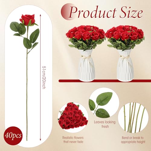 Hotop 40 Pcs Rose Artificial Flowers Bulk with Long Stem,Realistic Silk Fake Roses Bouquet for Home Wedding Centerpieces Party Table Decoration Valentines Gifts(Red) - color: Red