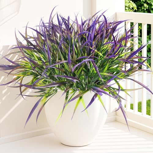Uieke 6 Bundles Artificial Outdoor Plants UV Resistant Fake Grass Plants Faux Plastic Plants Greenery Shrubs for Home Garden Pathway Window Box Front Porch Spring Summer Decor, Purple - color: Purple, size: 6