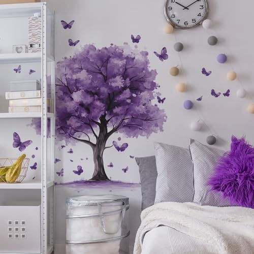 Purple Tree Wall Decals Removable Purple Butterfly Wall Stickers Peel and Stick Vinyl Plant Wall Decor Waterproof for Bedroom Living Room Bathroom Decorations - style: Purple Tree