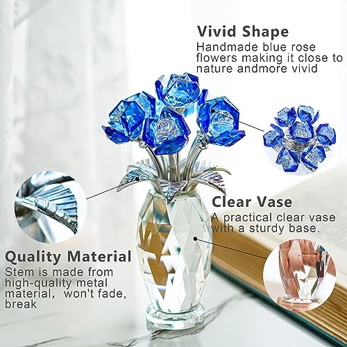 H&D HYALINE & DORA Blue Crystal Rose Flower Paperweight,Glass Flower Gifts for Women Girl Wife,Crystal Flowers Bouquet Collectible for Christmas Day Wedding Anniversary - color: Blue 2