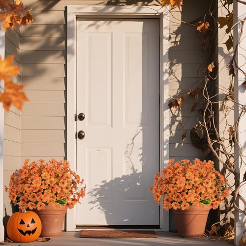 Ouddy Decor 24 Bundles Artificial Fall Flowers for Outdoors Fake Mums Fall Silk Flowers UV Resistant Faux Plastic Plants for Indoor Outdoor Vase Box Garden Porch Window Box Home Autumn Decor, Orange - color: Orange, size: 24 Bundles