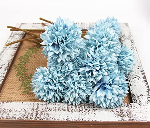 Tinsow 12 Pcs Artificial Flowers Faux Ball Chrysanthemum Bouquet Silk Light Blue Flowers Bridal Wedding Bouquet for Home Easter Party Wedding Decoration (Light Blue, 12) - color: Light Blue