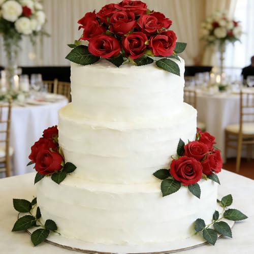 Jasion Artificial Roses Fake Flowers 12 Heads Arrangement Silk Bouquet for Home Office Parties Bridal and Wedding Decoration Without Vase (Red) - color: Red New
