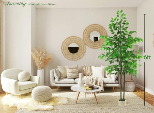 Artificial Ficus Tree 6ft, Fake Trees for Home Office Decor, Artificial Trees with Realistic Silk Leaves & Resin Trunk, Indoor Potted Tall Plants for Living Room, Hotel, Lobby, No Maintenance Needed