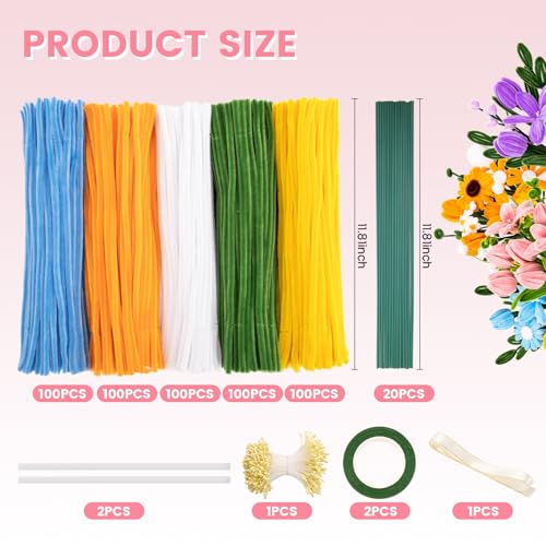 Siolviento Pipe Cleaners Craft, 500 PCS Pipe Cleaner Flower Kit with 5 Colors Chenille Stems, Floral Wires, Ribbon, Gardening Tape & Stamen for DIY Bouquets, Arts and Crafts Supplies (Multicolor-B) - color: Multicolor-B