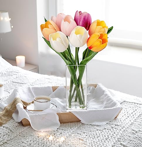 Briful Fake Flowers Artificial Tulip Flower in Clear Vase, Multi Color Real Touch Foam Tulip Arrangement Suitable for Home Office Decoration, Dining Table Centerpiece - color: Multi-colors
