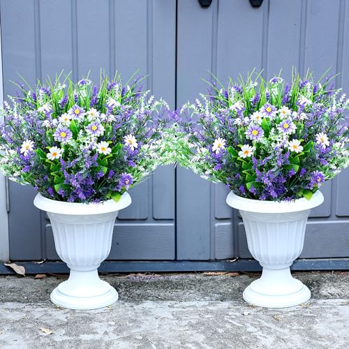 2 Pcs Artificial Potted Flowers for Outdoors - 16 Inch Large Pre-Assembly Purple Flowers Faux Plants Lavender Daisy for Outdoor Home Office Front Doors Patios Porches Yards Decor - color: Lavender Daisy