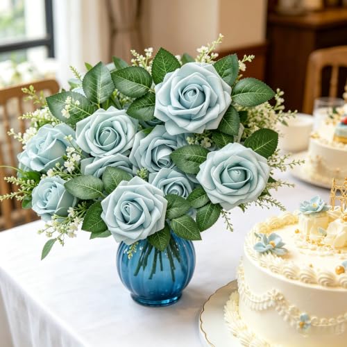 Artificial Flowers, 25pcs Light Blue Flowers Real Looking Artificial Rose for DIY Wedding Bouquets Centerpieces Arrangements, Blue Foam Flowers with Stem for Bridal Shower Party Home Decor - color: Light Blue, size: 25pcs