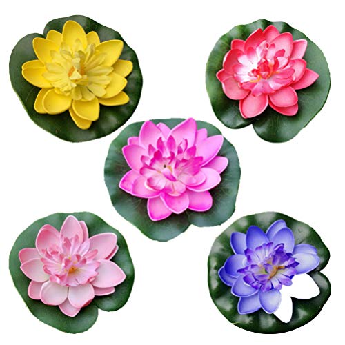 5Pcs Lily Pads for Ponds, Artificial Lotus- Water Lily Pads Leaves & Floating Foam Lotuses for Garden Fish Pond Aquarium Pool Wedding Decor