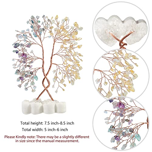 mookaitedecor Natural Citrine & Fluorite Crystal Tree with Double Heart Rock Quartz Crystal Cluster Stone Base Bonsai Money Tree of Life Home Wedding Decoration - color: Yellow & Multicolor