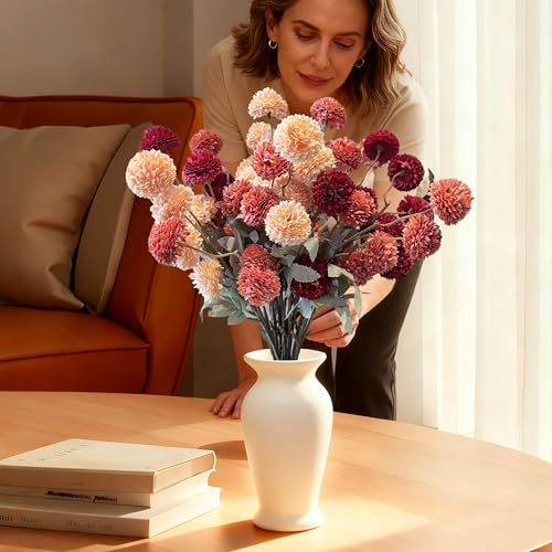 12pcs Artificial Flowers Faux Silk Pompon Mum, Fake Kiku Flowers with 21" Long Stems & 5 Heads Each Stem, Mini Small Chrysanthemum with Stems for DIY Wedding Bouquets Centerpieces Home Decor - color: Burgundy, Burnt Orange, Champagne, size: 12 PCS