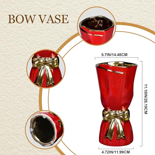 Bow Ceramic Vase for Flower - 11 Inch Modern vases Home Decor, Red Decorative Vase for Pampas Grass, Kitchen Island, Living Room, Fireplace, Entryway Table Decor - color: Red, size: 11 inch