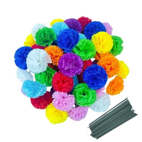 Rikyo 50 Artificial Silk Carnation Flower Head with Stems Set,Vase Fillers for Home Decor Bridal Wedding Party Birthday Cake Ornaments,DIY Wrist Corsage, 3" Petals Heads & 8" Stems (Multicolour) - color: Multicolour