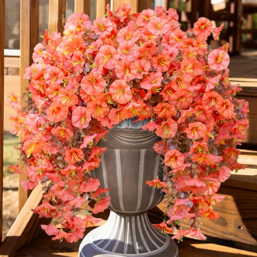 Ivydale 2 PCS Artificial Fall Hanging Flowers Fake Plants Outdoor,Silk Morning Glory Faux Flowers with Eucalyptus Leaves,UV Resistant Realistic Mums Plants for Home Garden Decor (Orange) - color: Orange(leaves Orange)