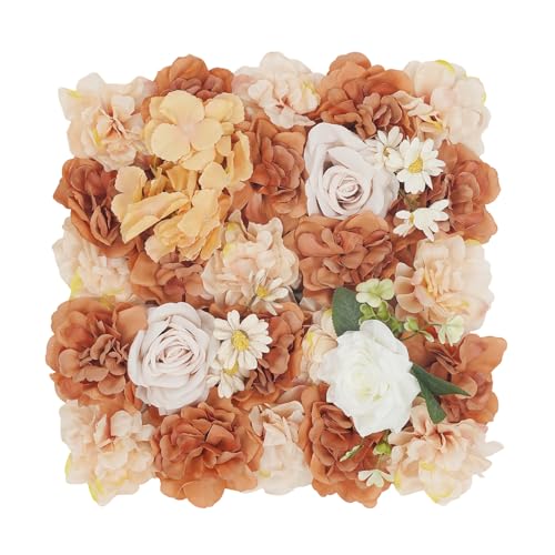 12Pcs Artificial Flower Wall Panel 3D Floral Backdrop Walls 15" X 15" Flower Wall Decor Flower Backdrop Faux Rose Panel for Party Home Background, Brown Champagne - color: Caramel Brown, Champagne