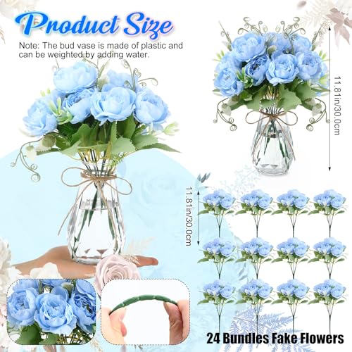 Zeyune 37 Pack Artificial Peonies Flowers with Bud Vase Bulk 24 Bundles Silk Peonies Bouquets 12 Plastic Clear Vase with 1 Rope Fake Flowers for Table Centerpiece Vases(Blue,Perfume) - color: Blue, style: Perfume