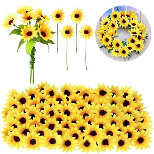 Wavwavw 50 Pcs 1.57 Inch Mini Artificial Sunflower Heads with Iron Stems for Home Party Decoration Wedding Decor, Bride Holding Flowers Centerpieces Wreath Garden DIY Art Decor Crafts - size: 1.57 Inch