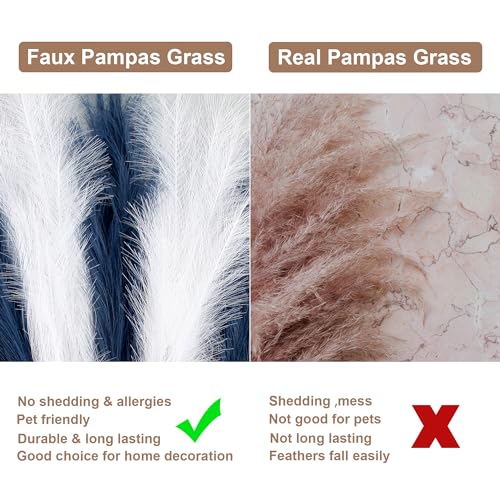 12 Pcs Navy Blue and White Pampas Grass Decor 38"/3.1FT Tall Fake Pompas Floral Large Artificial Pompous Grass Branches Plants for Floor Vase Filler Home Boho Decoration - color: Blue&white