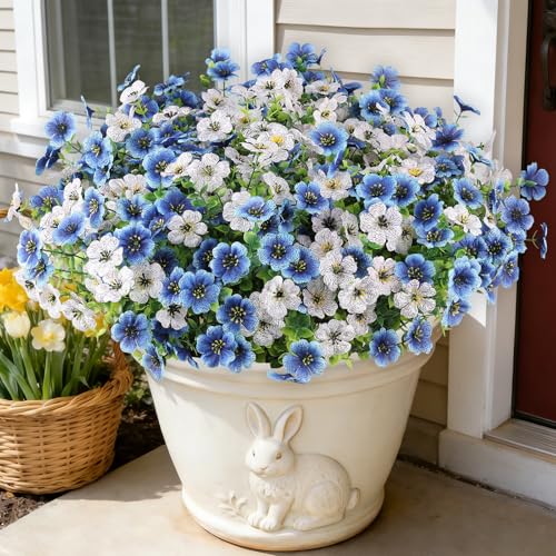 16 Bundles Artificial Flowers for Outdoors, Realistic Fake Silk Flowers for Outside, No Fade Faux Eucalyptus Plants for Outdoor Planter, Window Box, Hanging Basket - Porch Patio Garden Decor - color: White+blue, size: 16PCS