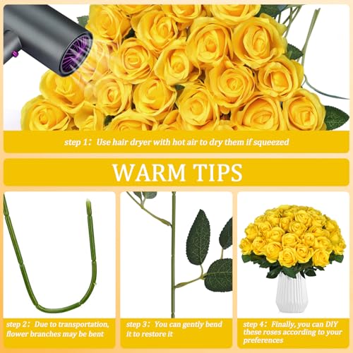 30pcs Fake Roses Artificial Silk Flowers Long Stems Bouquet for Wedding Bridal Shower Party Home Decoration (Yellow) - color: Yellow