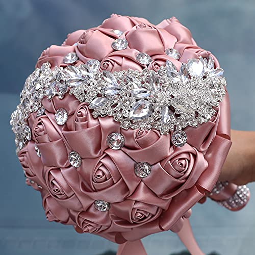 XINNI Brooch Bridal Wedding Bouquet Bride Bridesmaids Satin Rose Flower Bouquet with Meteor Shower Shape Rhinestone for Wedding Dusty Pink - color: Dusty Pink