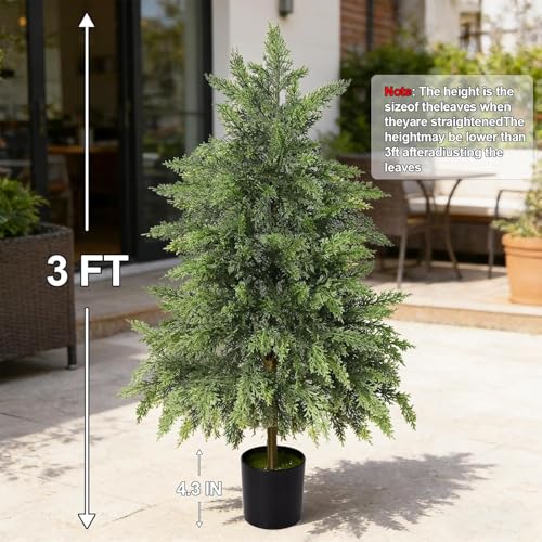 Real Touch Artificial Cedar Topiary Trees 3FT, 2 Sets of Realistic Potted UV Resistant Fake Plants for Front Porch for Outdoor & Indoor Front Porch, Garden, Patio, and Farmhouse Decor