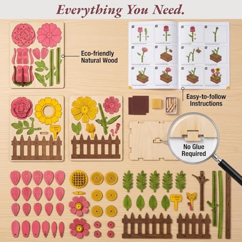 3D Wooden Flower Puzzle for Adults, Wooden Wildflower Bouquet Model Building Kit, DIY Artificial Floral Stem for Home Decor, Unique Birthday for Women, Mom & Teens
