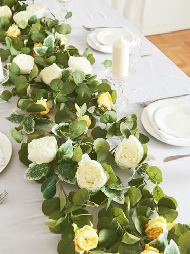 MISSPIN 2pcs Artificial Flowers Garland Spring Eucalyptus Garland Vintage Fake Flower Peony Rose Vine Greenery Decorative Wall Hanging Plant for Wedding Arch Door Arrangement Party Decor - color: Ginger,2