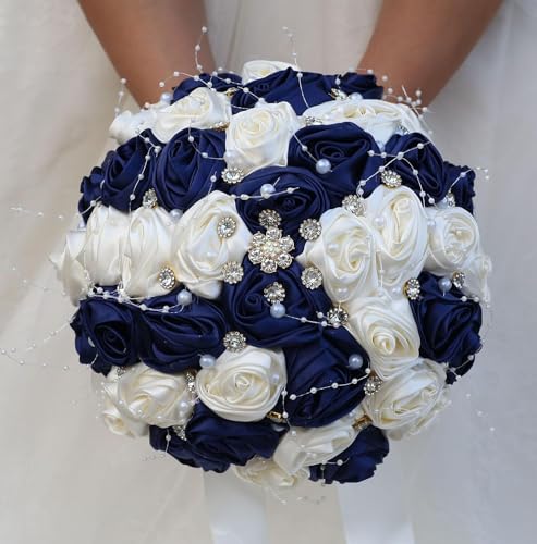 Ujicde Romantic Wedding Bouquet Bridal Bridesmaid Round Bling Brooch Bouquet Throw Toss Artificial Rose Flower Bunch with Sparkle Rhinestone Crystal Decoration(Navy Blue+Ivory,Dia. 6.3"*16cm) - color: Navy Blue+ivory, size: Dia. 6.3"*16cm