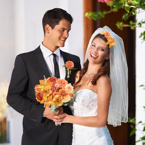 rongflower Fake Flower Heads for Crafts - Orange Silk Artificial Roses, Peonies, Daisies & Mini Floral Heads Bulk (48-Pack) for Wedding Decor, Graduation Cap, Cake Topper, Baby Shower, Home Decoration - color: Orange