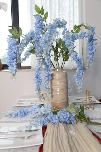 IPOPU 3.9FT Wisteria Artificial Flowers, 4PCS Wisteria Hanging Flowers, Silk Blue Flower with Long Stem for Tall Vase Filling Wedding Wall Backdrop Centerpieces Home Decoration (Blue) - color: Blue