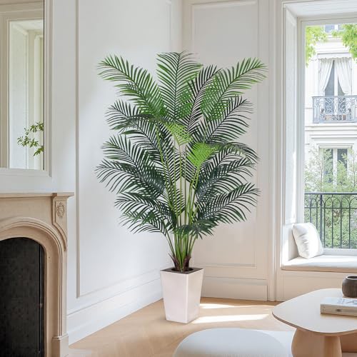 Artificial Palm Tree with White Tall Planter, 7ft Tall Potted Artificial Silk Palm Tree Plant, Fake Tropical Plant, Home Office Floor Room Decor Plants Indoor Outdoor, Housewarming Gift - size: 7ft