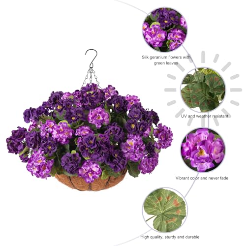 INSPRING Geraniums Artificial Flowers Hanging Basket for Outdoors Outside Spring Decoration, 8 Bundles Silk Flowers Fake Plants Look Real UV Resistant for Porch Home Patio Balcony Yard, Double Purple - color: Double Purple