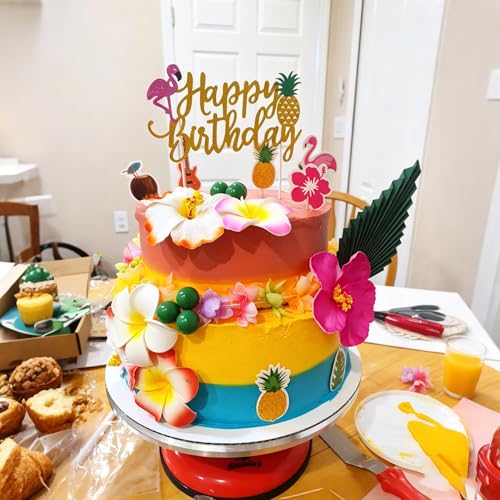 45 Pcs Hawaiian Cake Decorations Summer Flower Cake Toppers with Turtle Leaves and Hibiscus Flower Palm Leaf for Tropical Hawaiian Beach Luau Themed Birthday Party Supplies - color: Hawaiian Faux